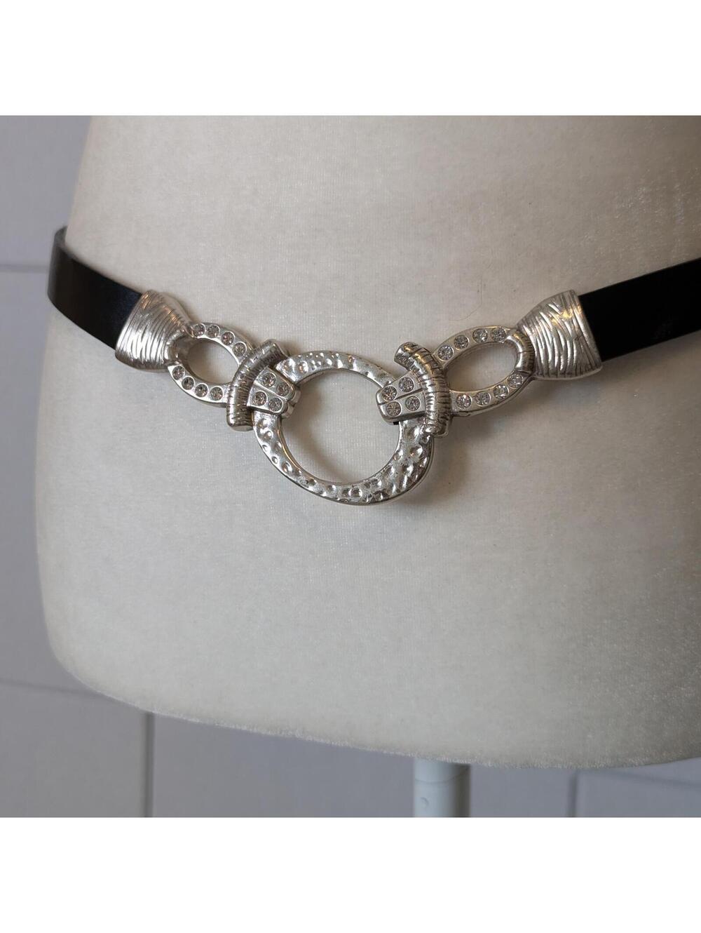 Chico's black leather skinny belt w/ hammered O-ring rhinestone clasp - Picture 2 of 6